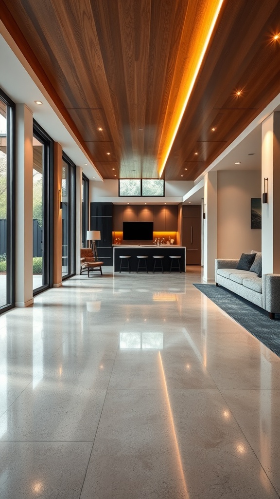 A modern living space featuring glossy epoxy floors and cozy textured fabrics.