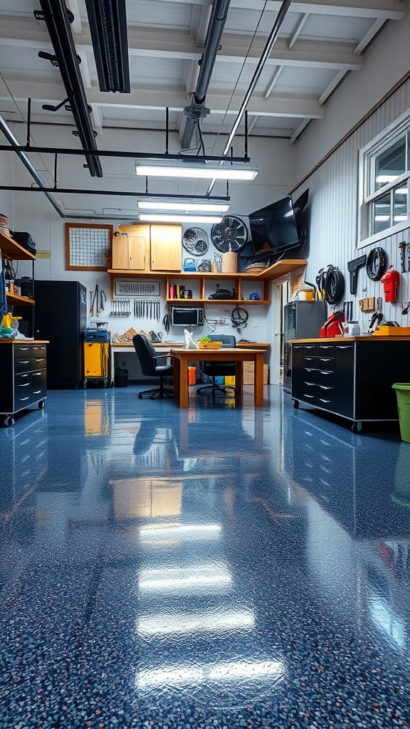 A well-organized workshop with polished epoxy flooring and ample workspace.