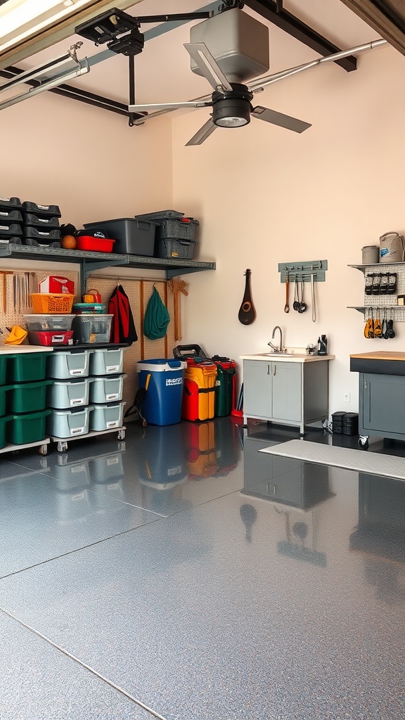 Organized garage with epoxy floor and shelves filled with storage bins