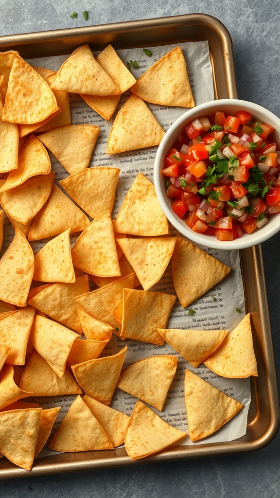 Homemade tortilla chips on a baking sheet next to a bowl of pico de gallo.