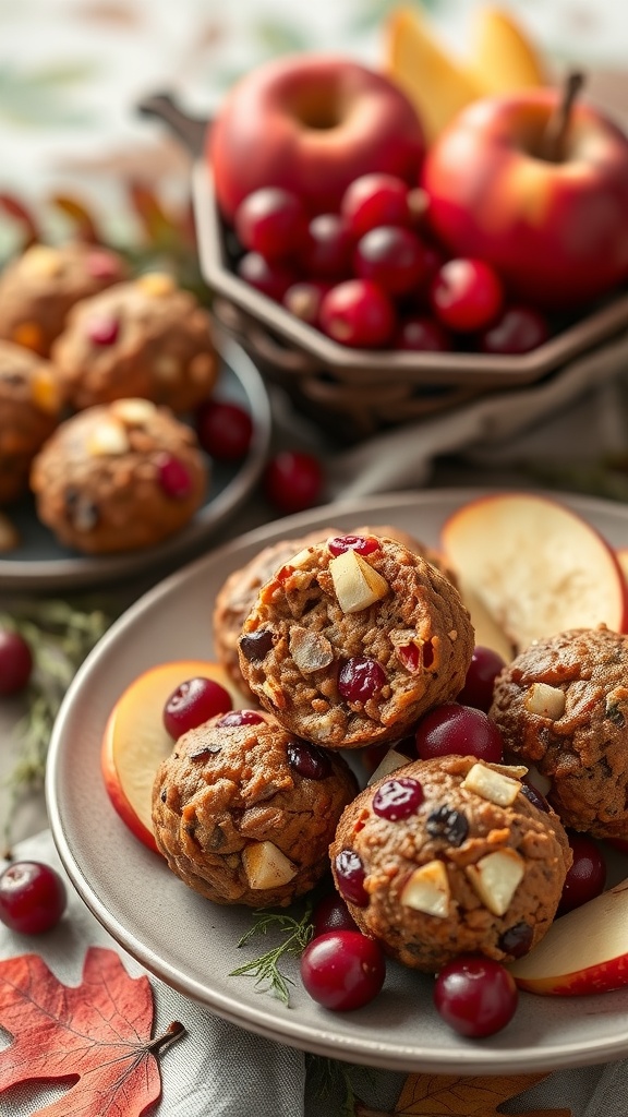 Cranberry-Apple Sausage Balls served with fresh cranberries and apple slices