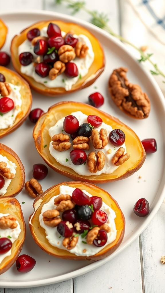 Cranberry and Goat Cheese Loaded Potato Skins on a plate.