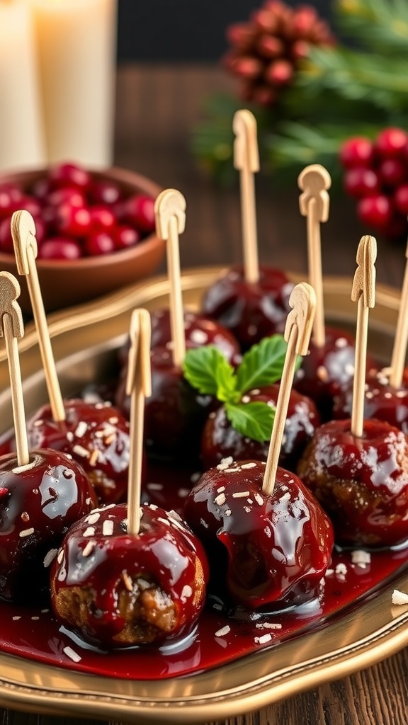 Delicious cranberry meatballs served on a platter, garnished with fresh herbs.