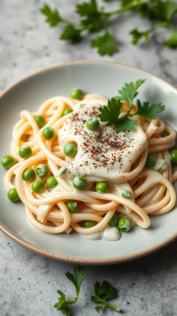 A plate of creamy alfredo pasta with green peas garnished with parsley