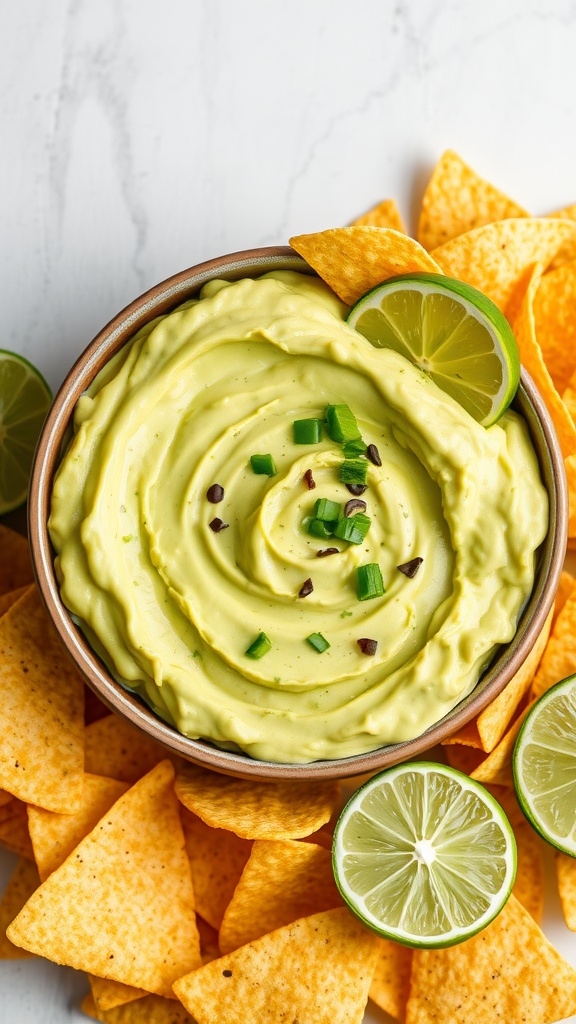 A creamy avocado and lime dip served with tortilla chips.