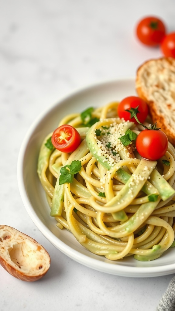 A bowl of creamy avocado pasta topped with cherry tomatoes and herbs.