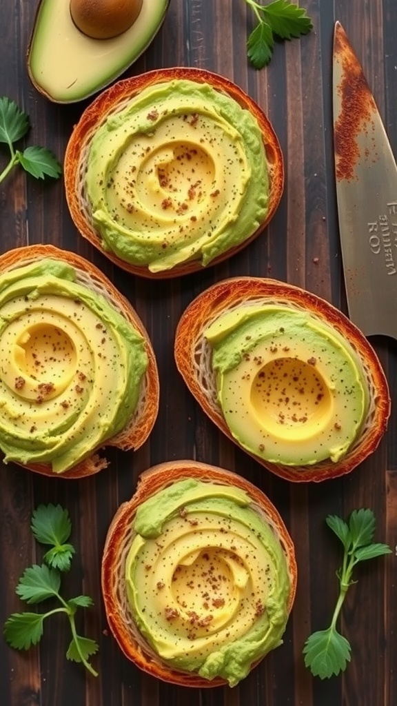Creamy avocado toasts garnished with spices and herbs on toasted bread slices
