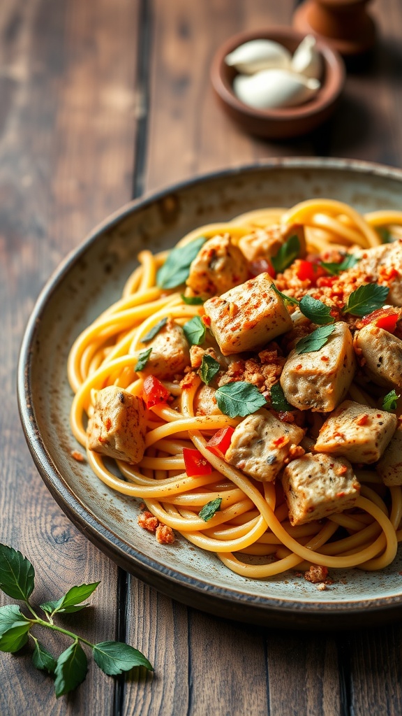 A plate of creamy Cajun chicken pasta with herbs and a rustic background.
