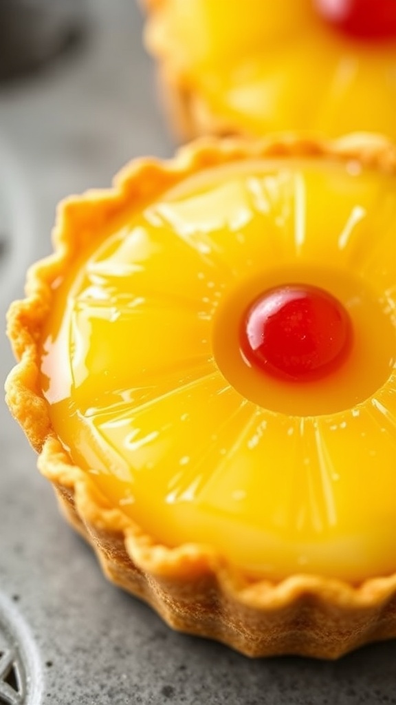 Mini pineapple upside-down cheesecakes with a glossy topping and cherry on each
