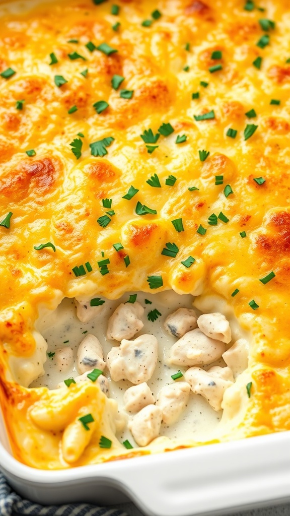 Creamy Chicken Alfredo Bake topped with parsley