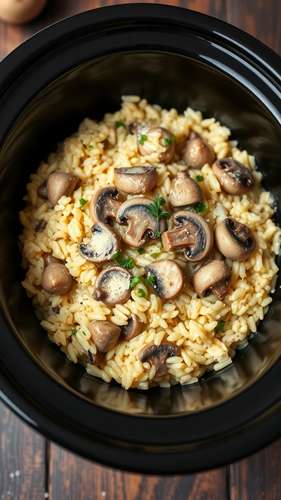 A bowl of creamy chicken and mushroom risotto prepared in a crockpot