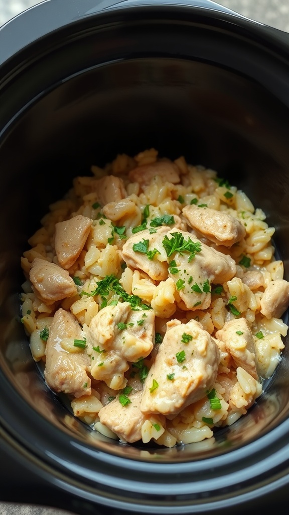 A creamy chicken and wild rice casserole in a crock pot
