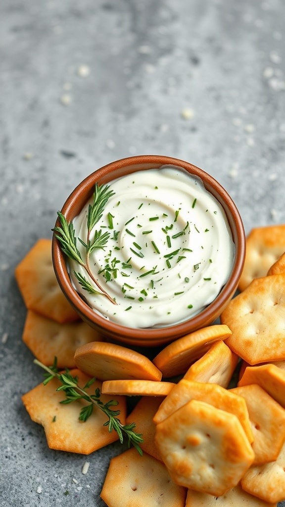A bowl of creamy garlic and herb dip surrounded by crackers.