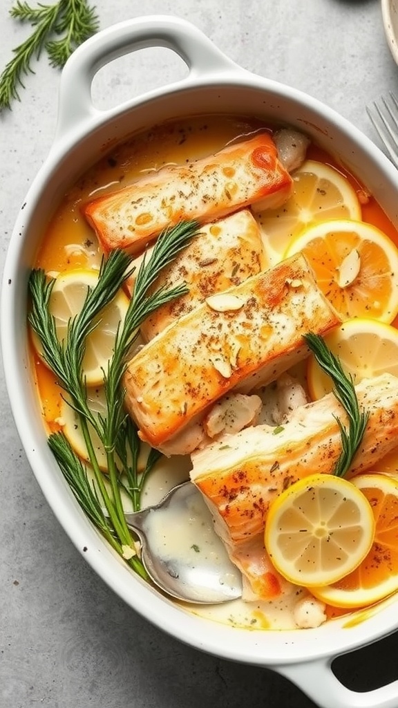 Creamy Garlic Dill Salmon Bake with lemon slices and fresh herbs