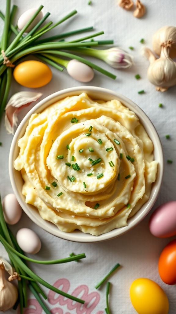 A bowl of creamy garlic mashed potatoes garnished with chives, surrounded by colorful Easter eggs and fresh garlic.