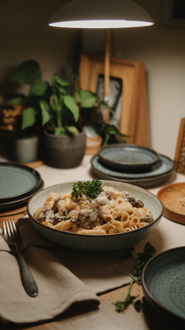 A bowl of creamy garlic mushroom pasta garnished with parsley.
