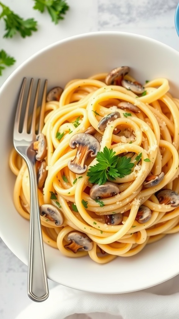 Creamy Garlic Mushroom Pasta served in a bowl