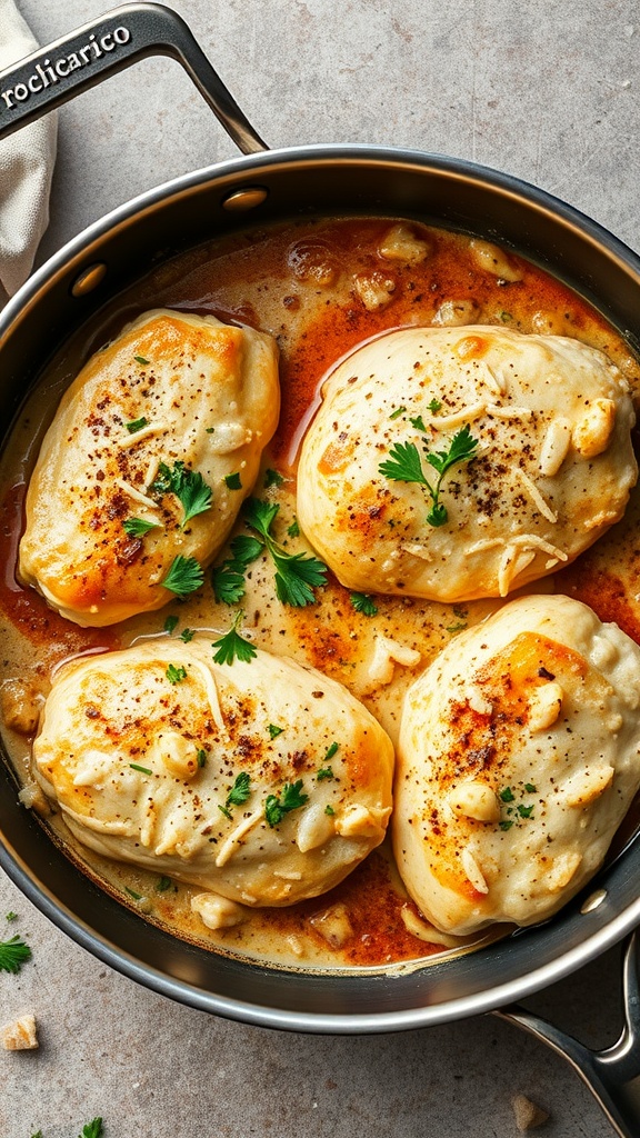 Creamy Garlic Parmesan Chicken in a skillet with garlic and parsley