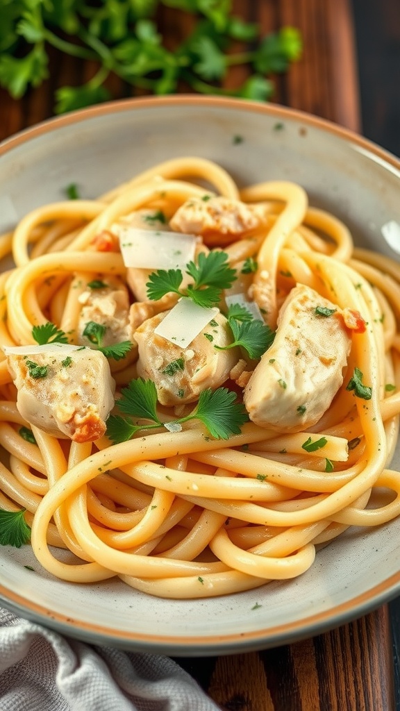 Plate of creamy garlic parmesan chicken pasta garnished with parsley