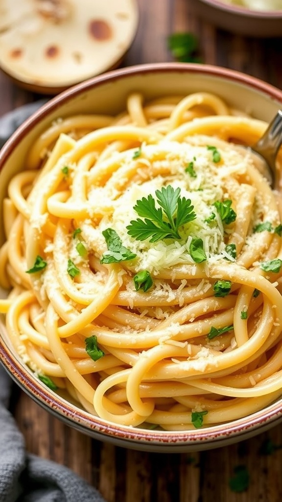A bowl of creamy garlic parmesan pasta topped with parsley.