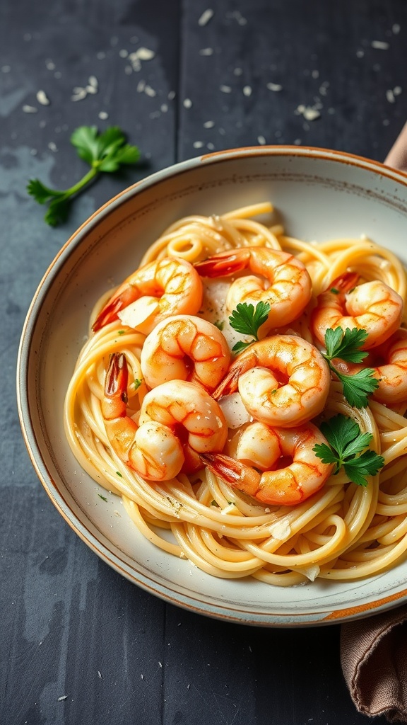 A delicious plate of creamy garlic shrimp pasta garnished with parsley.