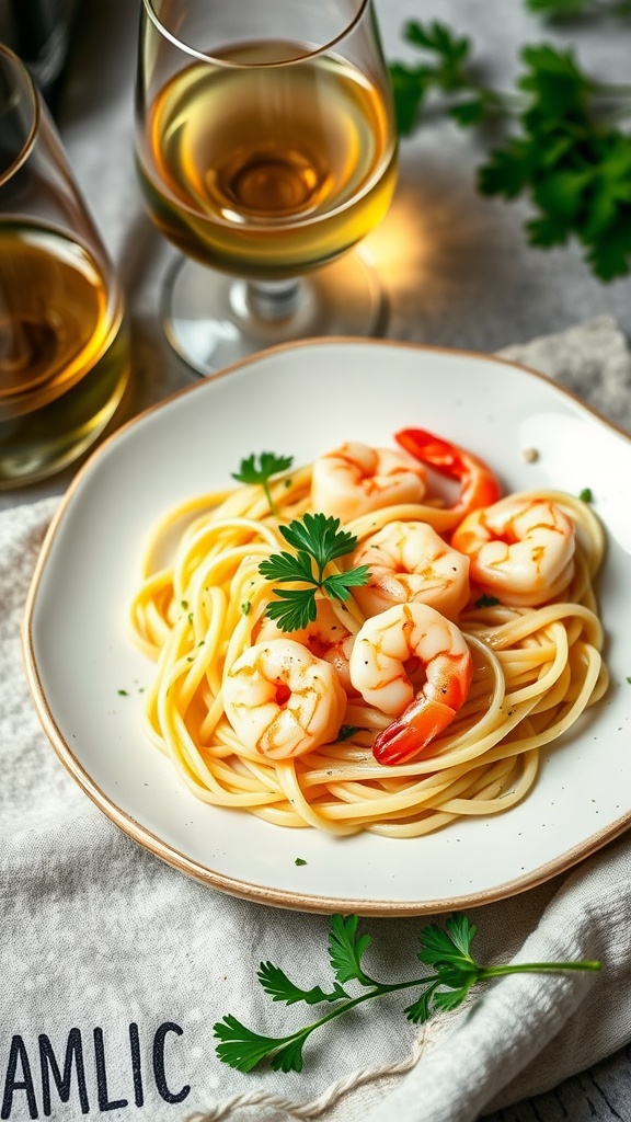 A plate of creamy garlic shrimp pasta garnished with parsley