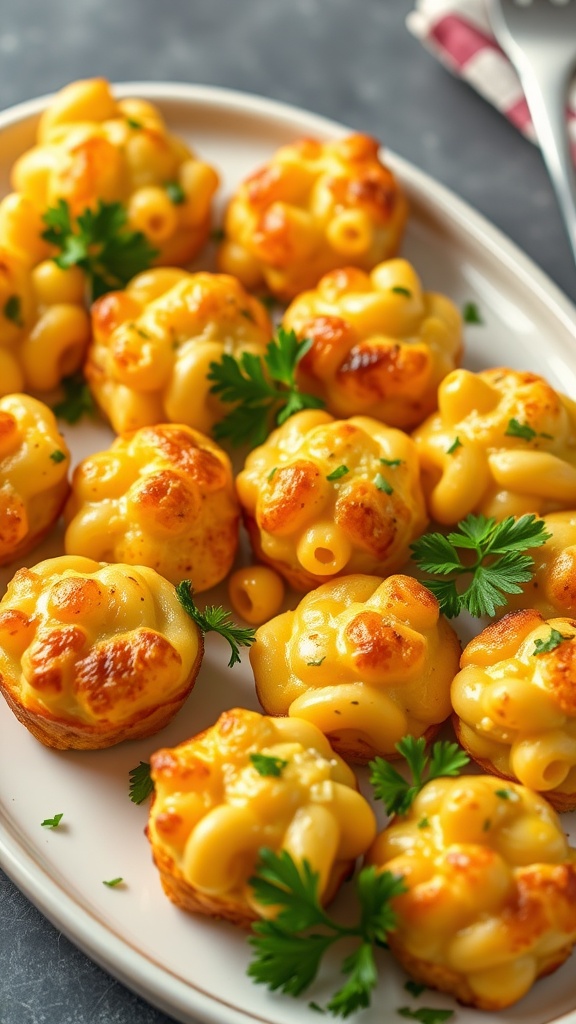 Plate of crispy and cheesy mac and cheese bites garnished with fresh parsley