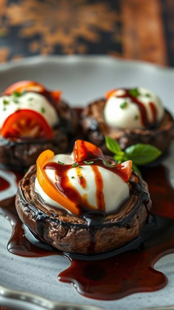 Stuffed portobello mushrooms topped with mozzarella and tomatoes