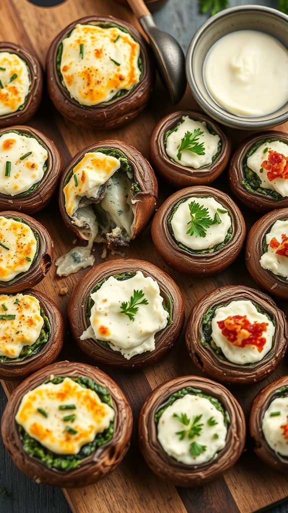 Creamy mushroom and spinach stuffed portobello caps on a wooden serving board