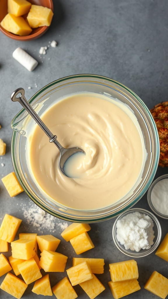 Creamy pineapple cheesecake filling in a bowl with pineapple chunks surrounding it