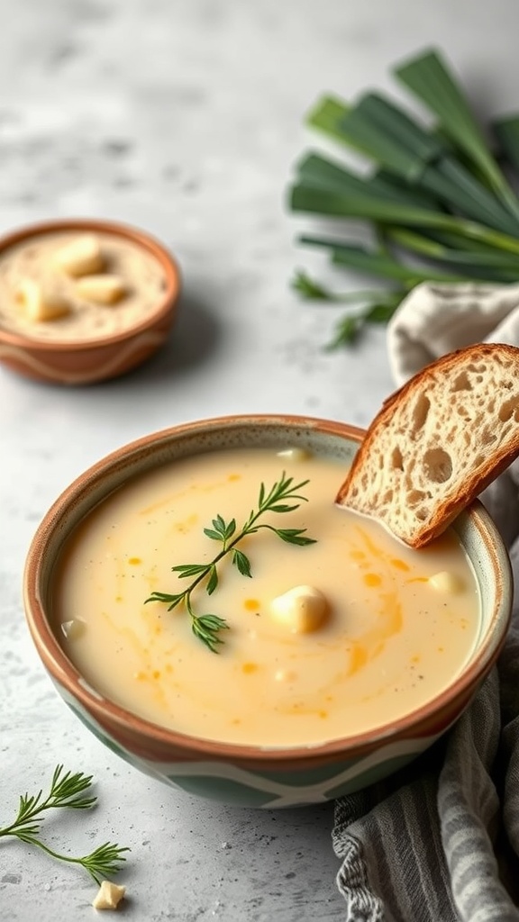 A bowl of creamy potato and leek soup garnished with fresh herbs and a slice of bread on the side.