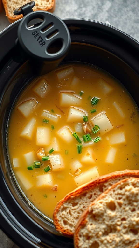 A bowl of creamy potato and leek soup with chopped chives on top and slices of bread on the side.