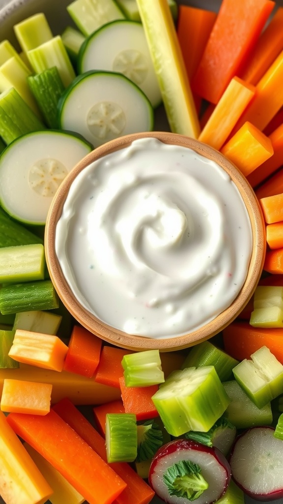 A bowl of creamy ranch dip surrounded by colorful fresh vegetables