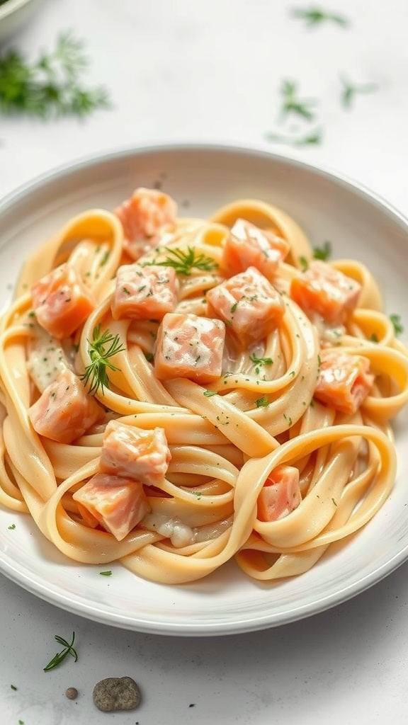 A plate of creamy salmon fettuccine pasta garnished with herbs.