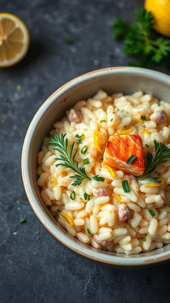 Creamy Salmon Risotto in a bowl with herbs and lemon
