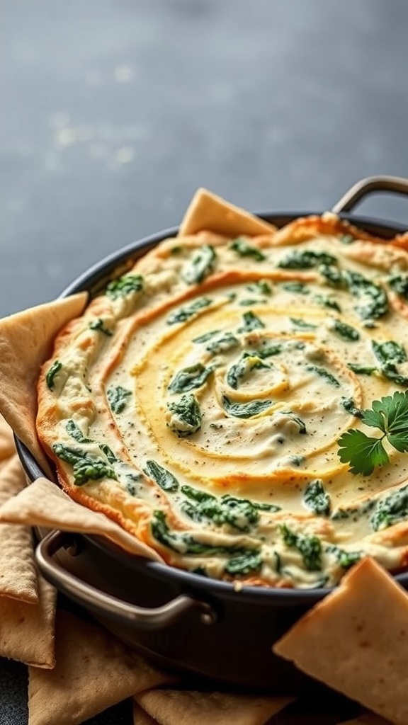 A delicious creamy spinach and artichoke dip served with tortilla chips.