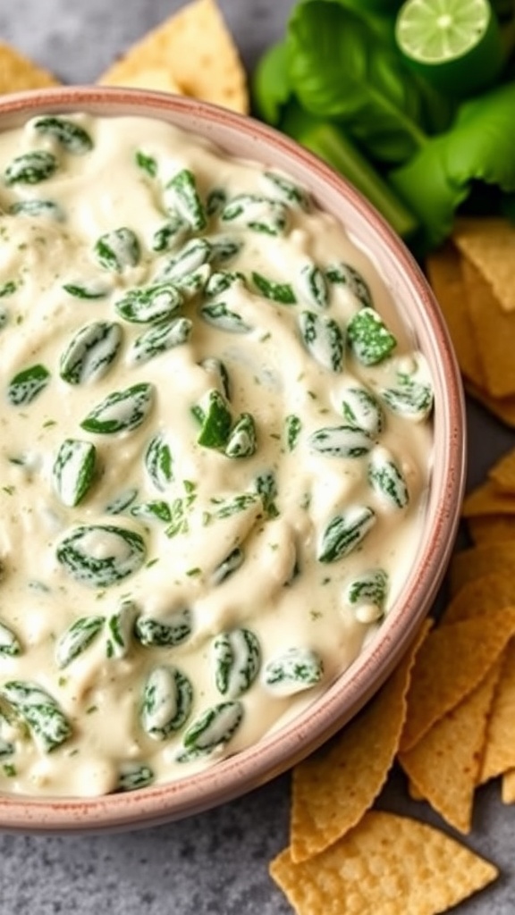 A bowl of creamy spinach and artichoke dip with tortilla chips