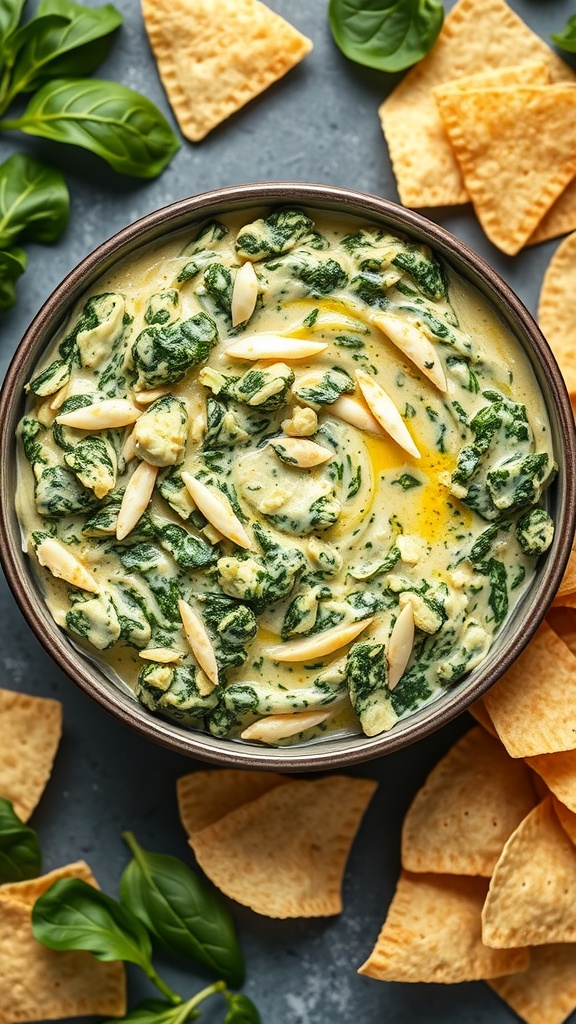 A bowl of creamy spinach and artichoke dip surrounded by tortilla chips and fresh spinach leaves.