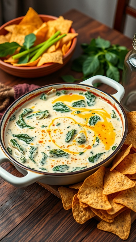 Creamy spinach and artichoke dip with tortilla chips