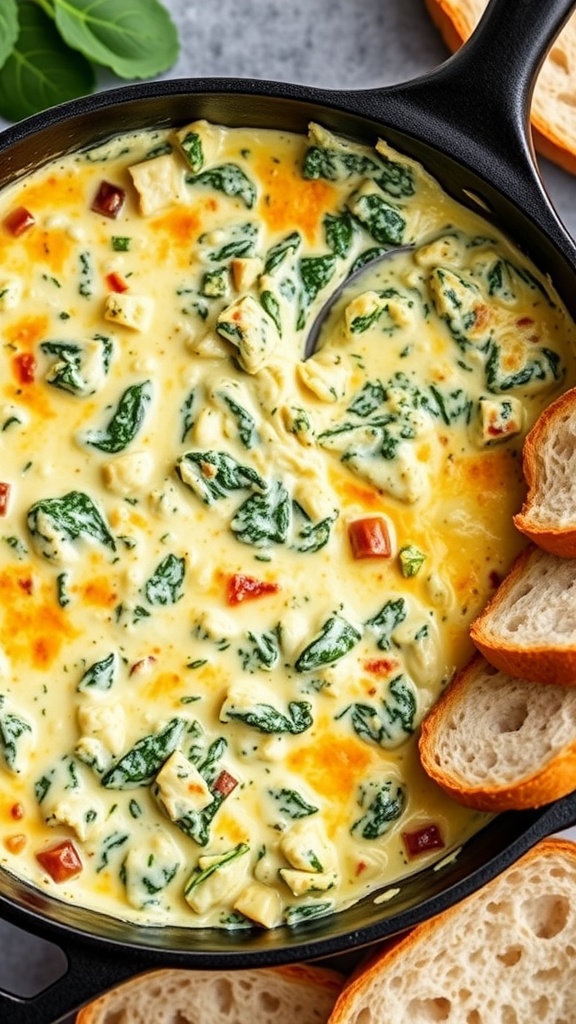 A bowl of creamy spinach and artichoke dip beside slices of toasted bread.