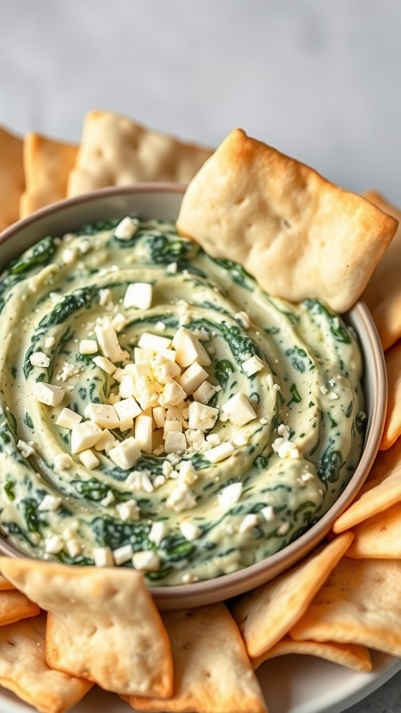 Creamy spinach and feta dip served with crispy chips