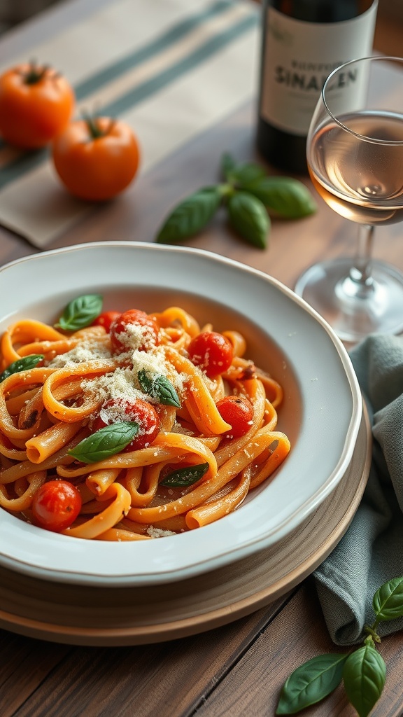 A plate of creamy tomato basil pasta garnished with basil and cheese.