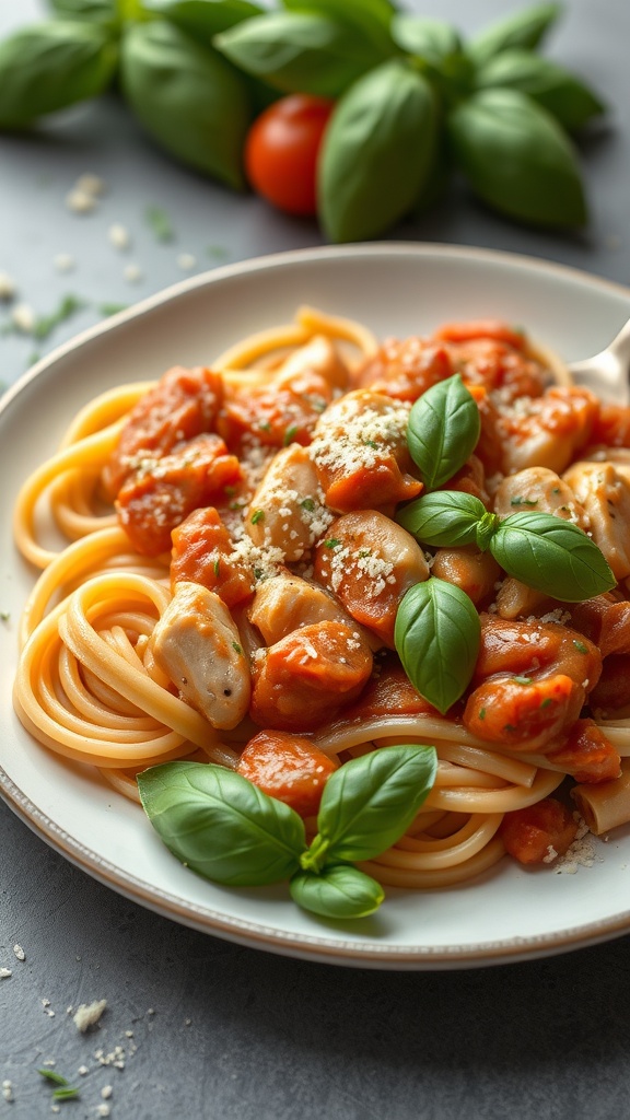 Creamy tomato basil chicken pasta dish garnished with fresh basil