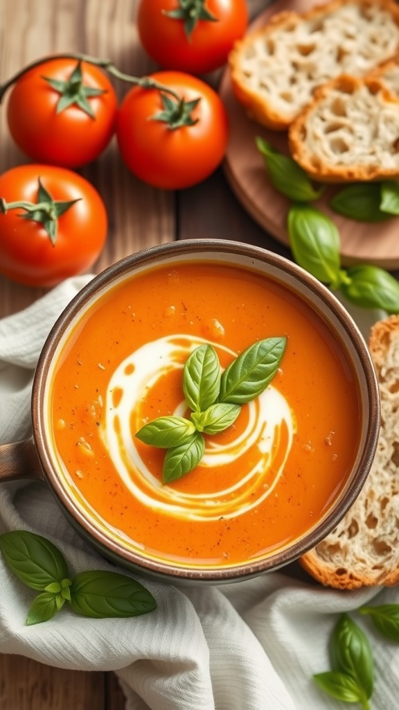 Bowl of creamy tomato basil soup with fresh tomatoes and basil around it