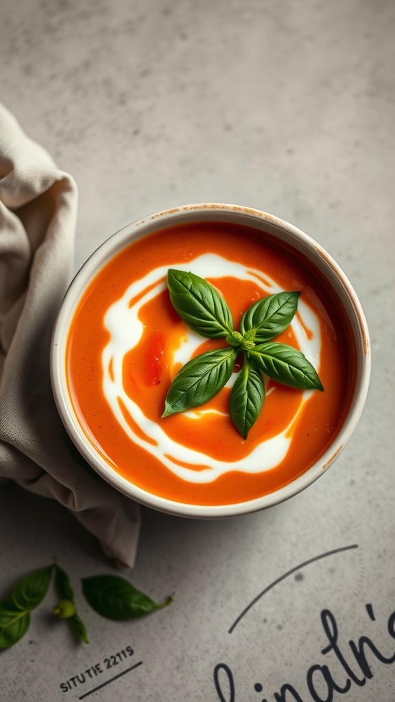 A bowl of creamy tomato basil soup garnished with basil leaves and a swirl of cream.