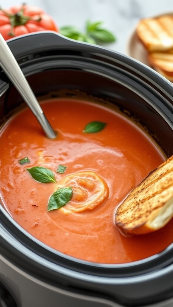 A bowl of creamy tomato basil soup with a slice of toast