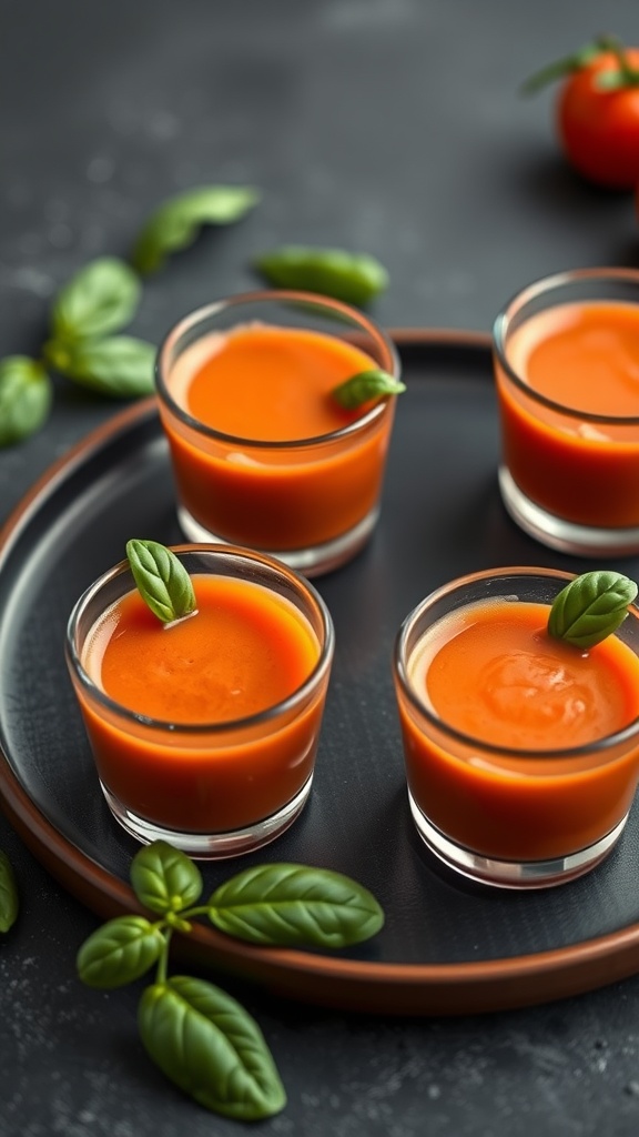 Creamy Tomato Basil Soup Shots in small glasses, garnished with basil leaves.