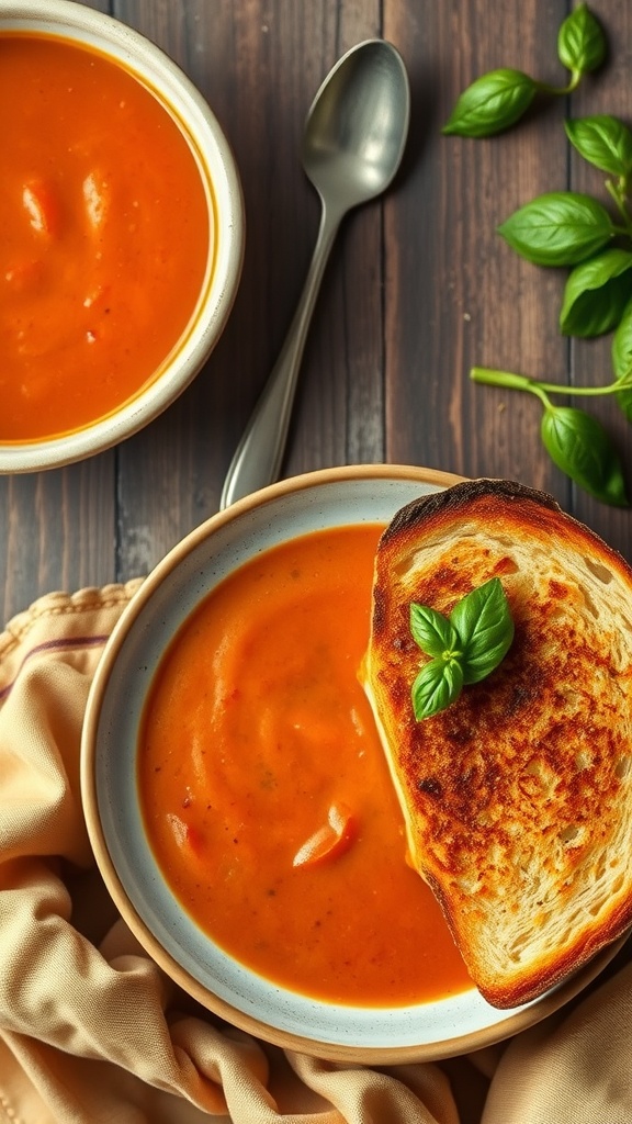 A bowl of creamy tomato basil soup with a grilled cheese sandwich on the side, garnished with fresh basil.