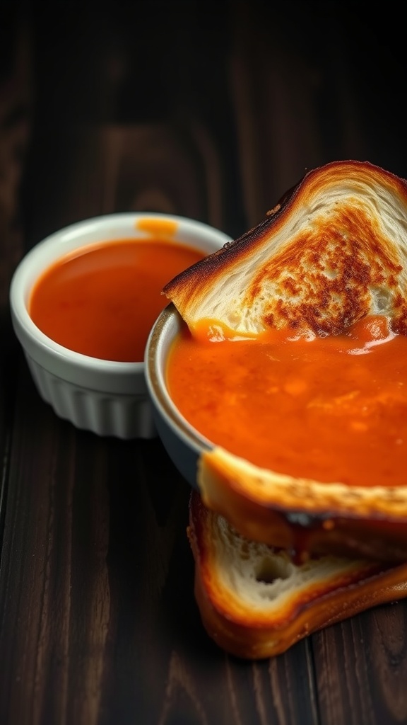 A bowl of creamy tomato soup with a side of grilled cheese sandwich