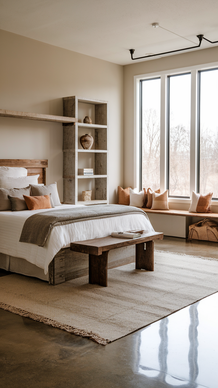A cozy bedroom featuring creamy white walls, polished concrete floors, and rustic wooden furniture